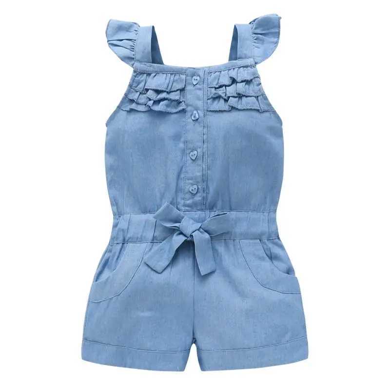Children girls summer clothing jumpsuit denim blue cotton washed jeans sleeveless bow jumpsuit W241227