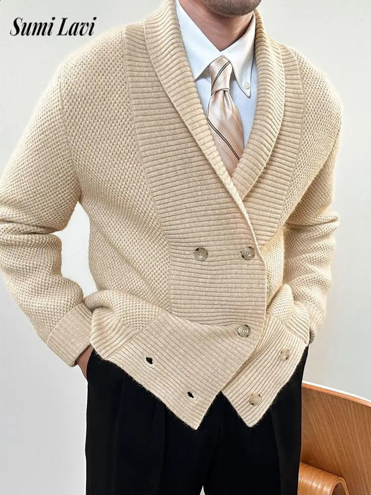 Trendy Double-breasted Sweater Cardigans Men 2025 Spring Vintage Lapel Knitted Jackets Mens Clothes Casual Knitting Sweatercoats 241224