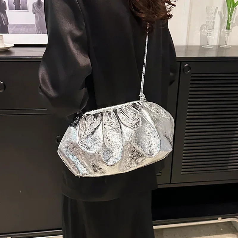 Small Womens Leather Silver Cloud Bag Female Gold Crossbody Bag Ladies Party Clutch Purse Female Handbags241226
