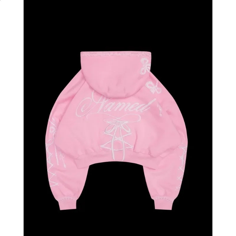 American Street Style Oversized Pink Sweet Bow Embroidered Hoodies Suit for Women Retro Loose Pants Versatile Zipper Sweatshirts 241224