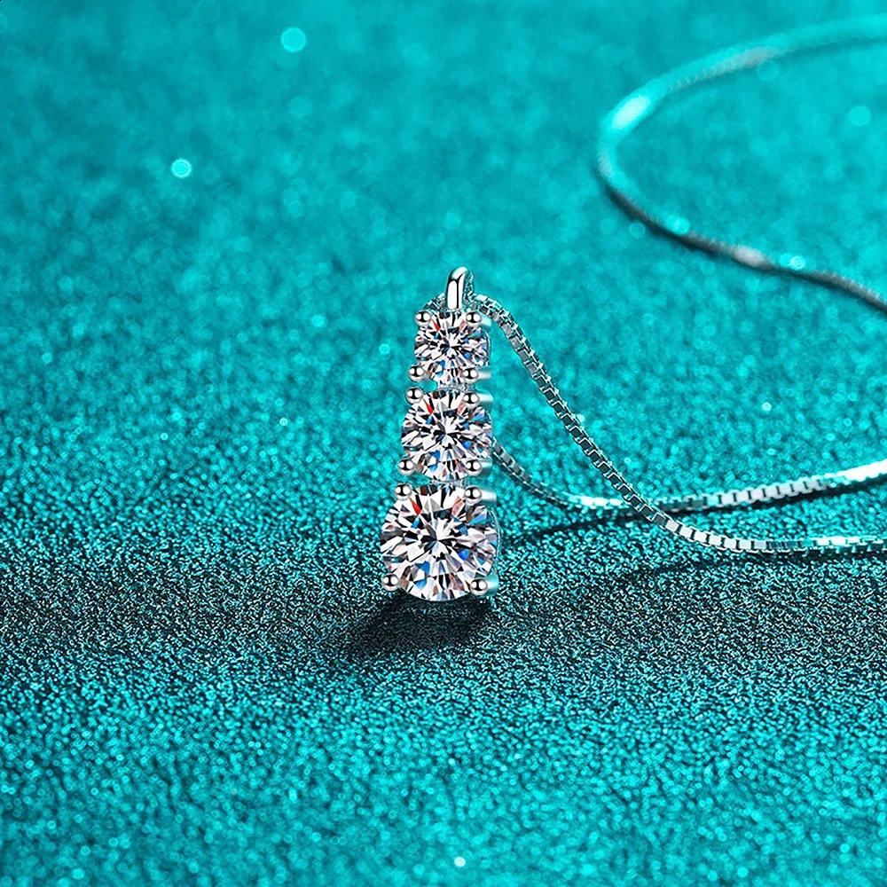 18CT 3Stone Pendant Necklace with Gra 925 Sterling Silver Sweater Neck Chain D Color Diamond Necklaces for Women 241226