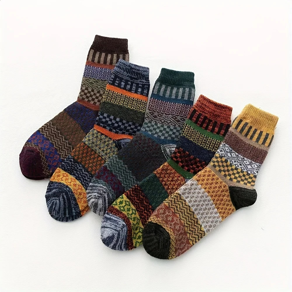 5pairs Unisex Ethnic Style Vintage Thick Wool Warm Crew Men Socks Soft UltraComfortable High Quality Breathable Womens Sock 241227