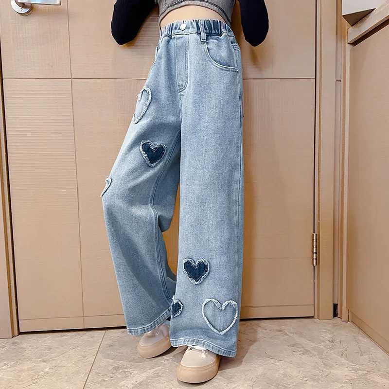 2024 Spring/Autumn Girl Love Rough Edge Jean Korean Edition Sle Childrens Mid Waist Jeans Elastic Waist Pants W241227