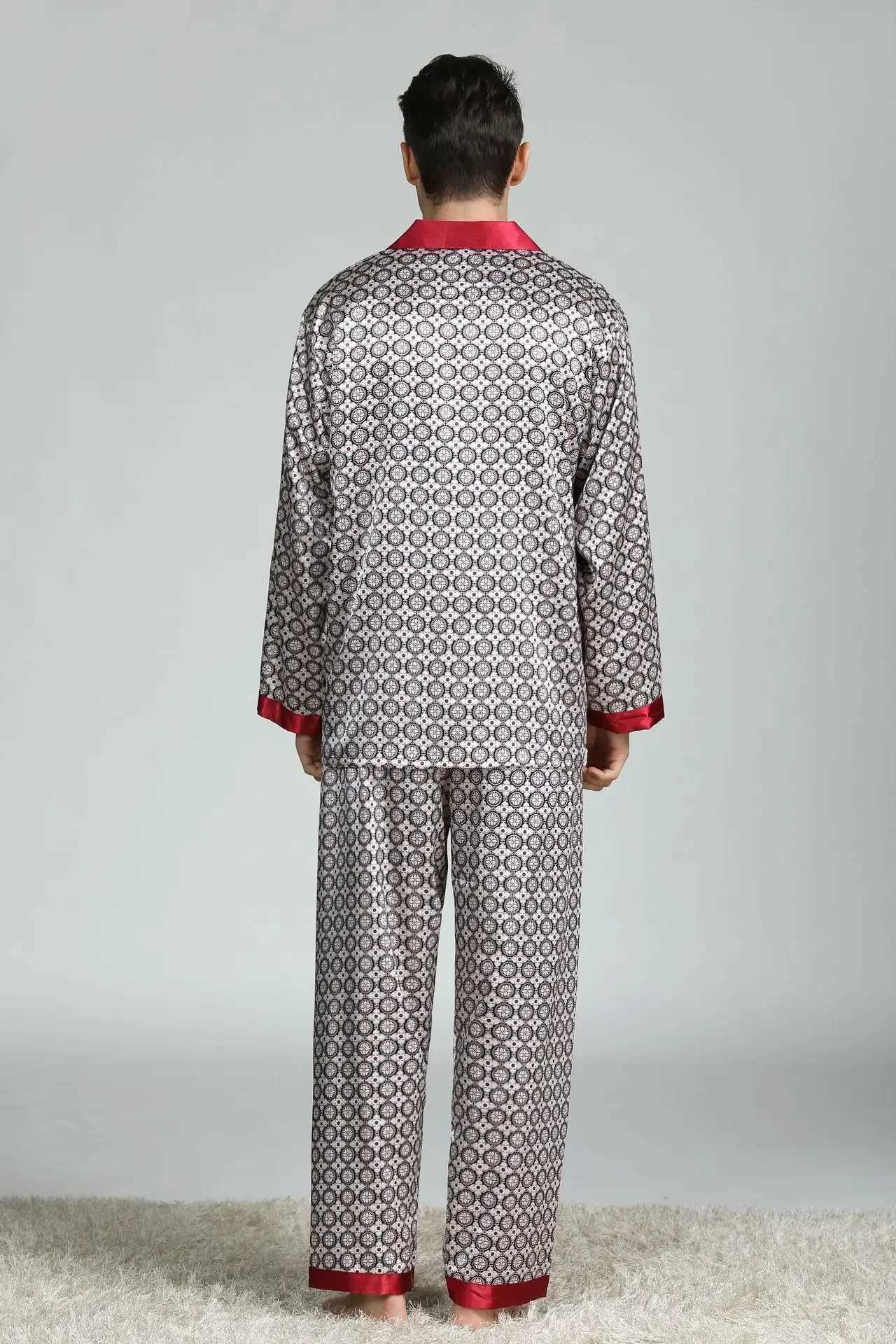 Silk Satin Pajamas for Men Sleepwear Cozy Soft Print Long Sleeve Nightgown Tops+ Trousers Two Pieces Mens Pajama SetXJ241227