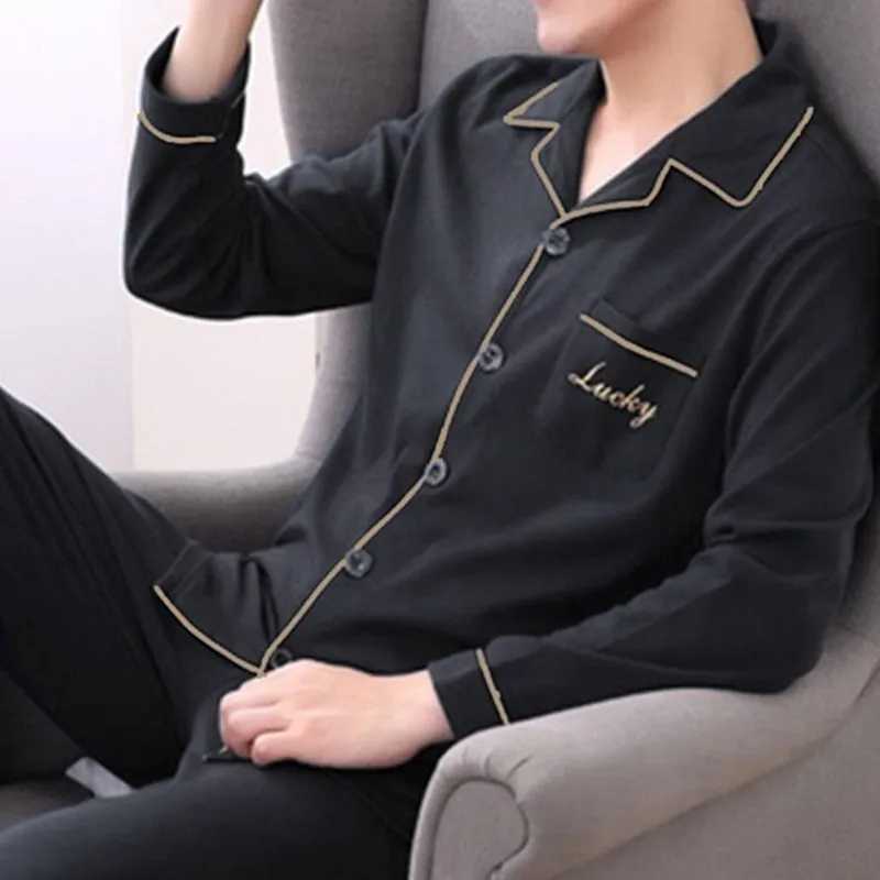 2PCS/Set Pajamas Mens Autumn and Winter Long-Sleeved Cotton Style Big Size Outside Casual Striped Solid Homewear Clothing SuitXJ241227