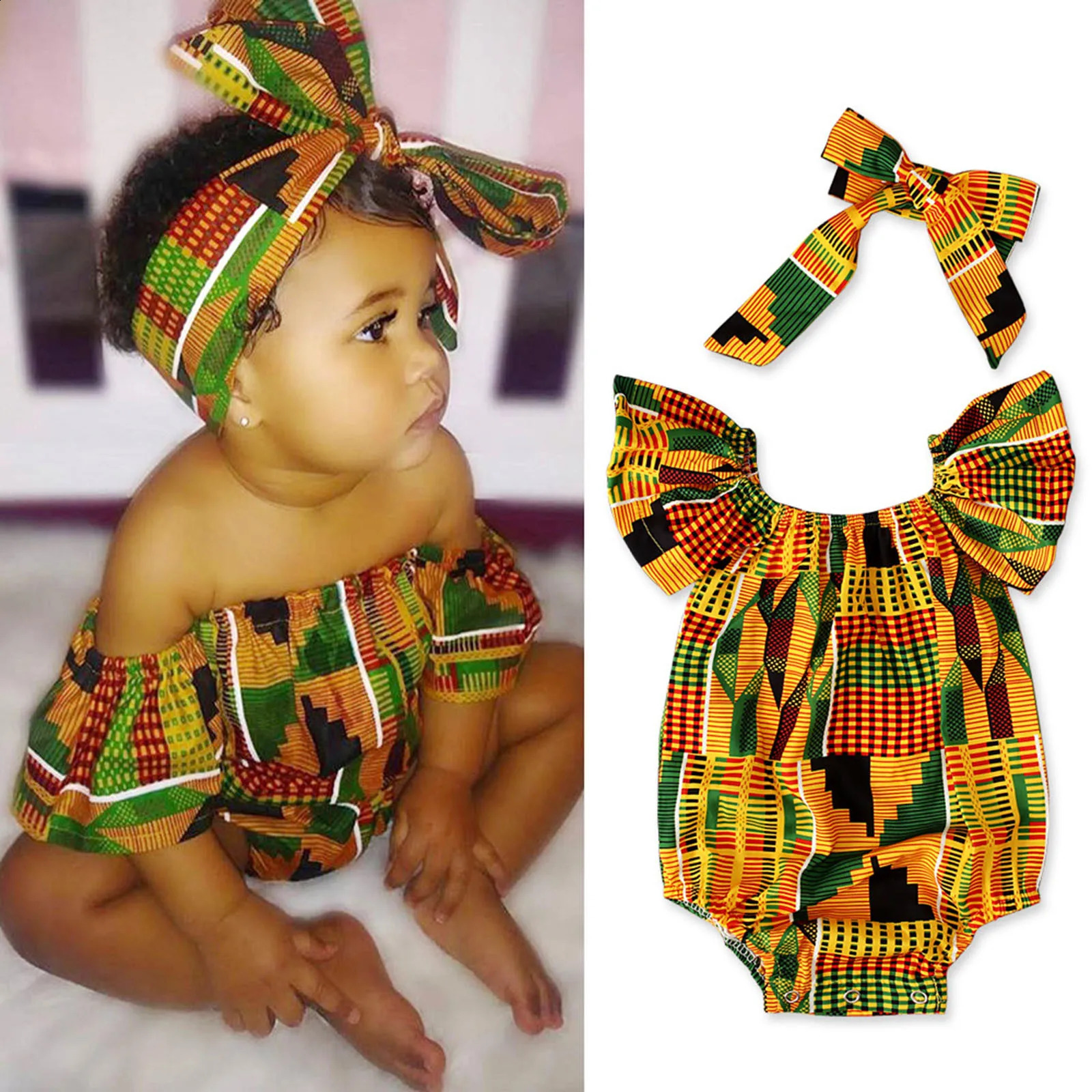 Toddler African Print Off Shoulder RomperHeadband Set Baby Girls Infant Outfits Cute Jumpsuit Hair Band Bodysuits Clothes 241226