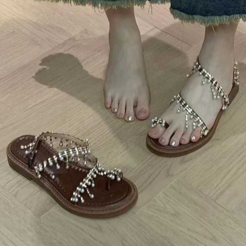 High Quality Womens Sandals Summer New Flat Round Head Set Toe Beaded Tassel Slippers Casual Fashion Innovation Light Sandals T241227