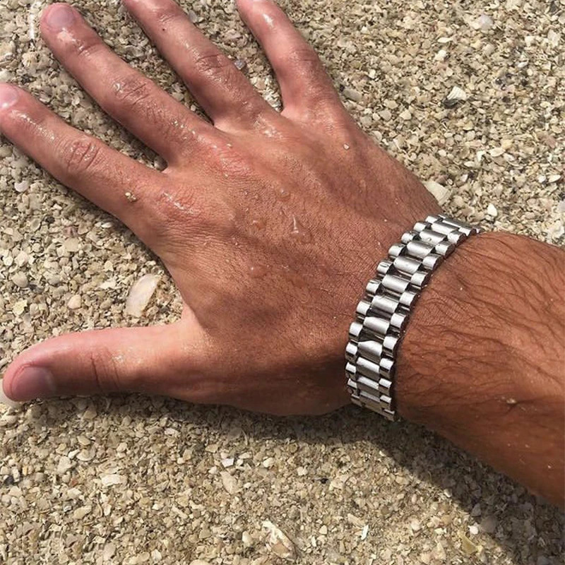 15mm Punk Gold Color Watch Chain Bracelet Ring Men Women Hiphop Stainless Steel Bike Strap Watchband Wristband Bracelets Jewelry 241227