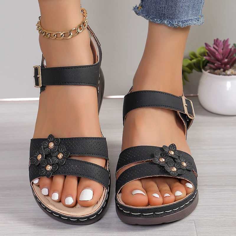 High Quality Lucyever Ankle Womens Wedge Sandals Summer Vintage Flowers Platform Sandles Women Non Slip Soft Bottom Casual Sandals T241227