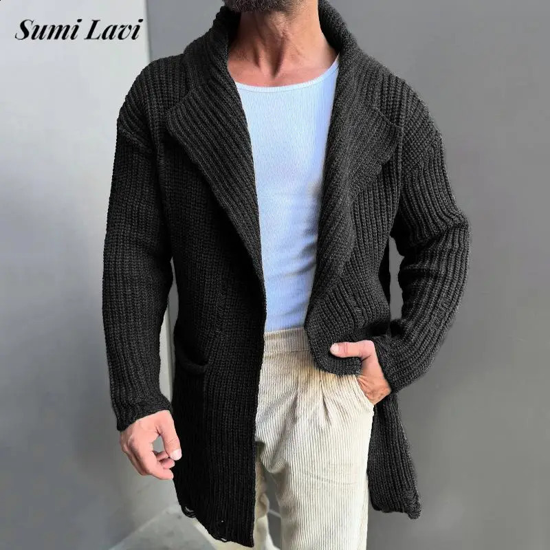 2025 Spring Trendy Mens Sweater Jacket Coat Vintage Pockets Turn-down Collar Knitting Coats Men Casual Solid Color Sweatercoats 241224