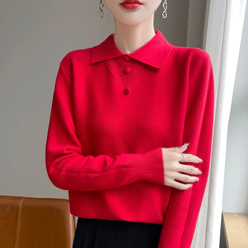 2024 AutumnWinter Flip collar Cashmere Sweater Women Knitted Loose Fashion Long Sleeve 241223