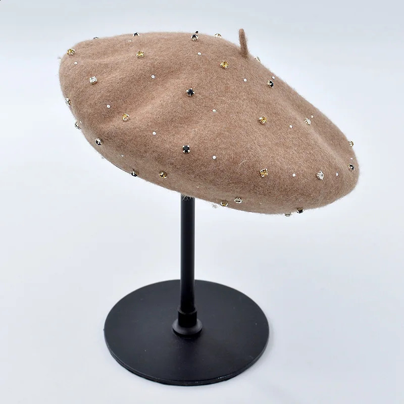 COKK Hand Sewing Wool Beret Women Hat Autumn Winter Rhinestone Beret Cap Hat Female Korean Painter Cap Boina Gorras Vintage 241226