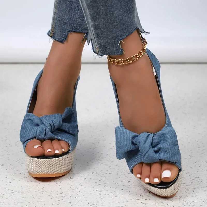 High Quality Fashion Bowknot Wedge Heel Sandals for Women Denim Peep Toe Chunky Platform Sandals Women Back Strap High Heel Gladiator Shoes T241227