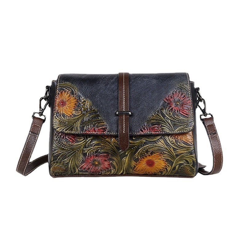 2023 summer new top layer cowhide single shoulder diagonal cross women's bag, embossed process straight