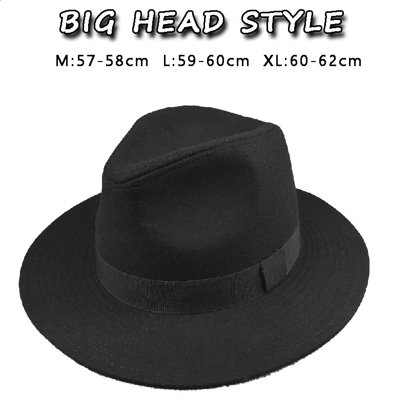 Plus SIze Woolen Fedora Hat Autumn Winter Men Top Hats Trendy Formal Wedding Decorate Black Panama Cap Fedoras Gorras 241226