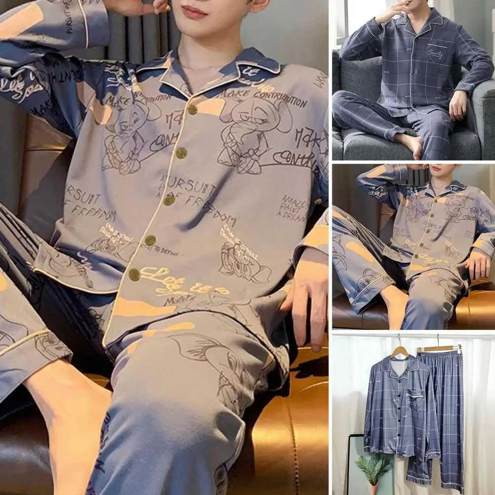 Plaid Print Pajamas Set Men Pajama Set Mens Plaid Print Pajama Set with Long Sleeve Shirt Elastic Waist Pants Casual for SpringXJ241227