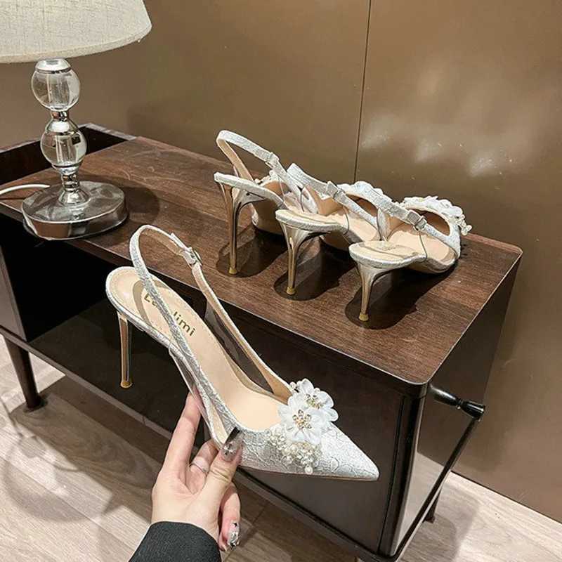 French Bride Gold Wedding Shoes Thin Heel Pointed Shallow Mouth Flower Rhinodrill High H Bao Fi Wen Sandals Z241227
