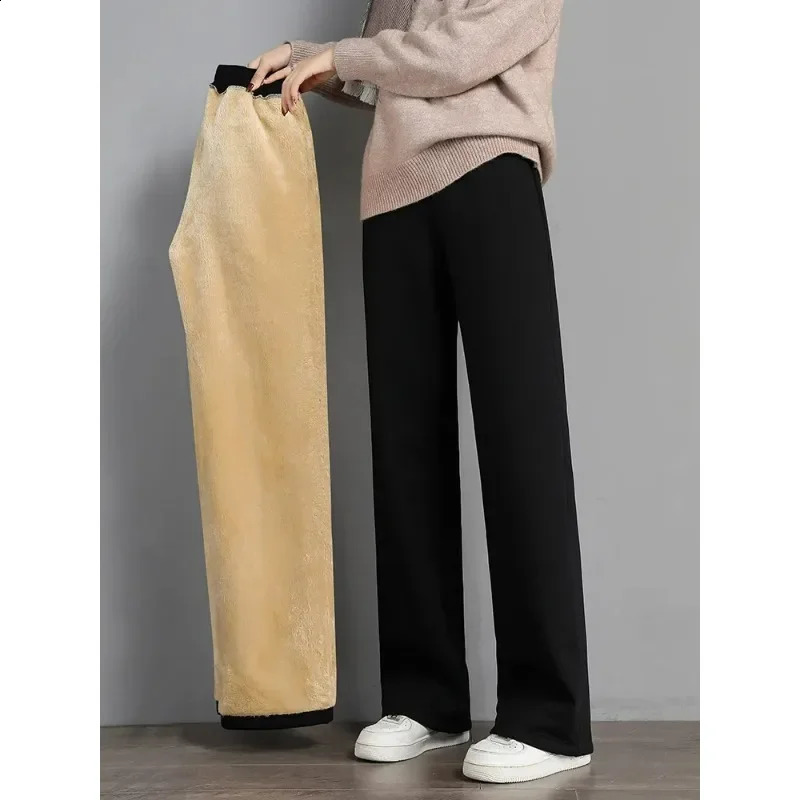 Women Warm Winter Plush Thick Pants Lambskin Cashmere Trousers High Waist Cotton Fleece Loose Female Wide Leg Pants PELEDRESS 241220