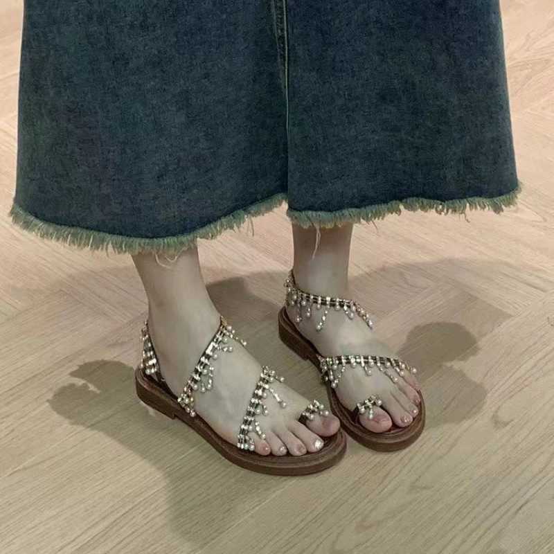 High Quality Womens Sandals Summer New Flat Round Head Set Toe Beaded Tassel Slippers Casual Fashion Innovation Light Sandals T241227