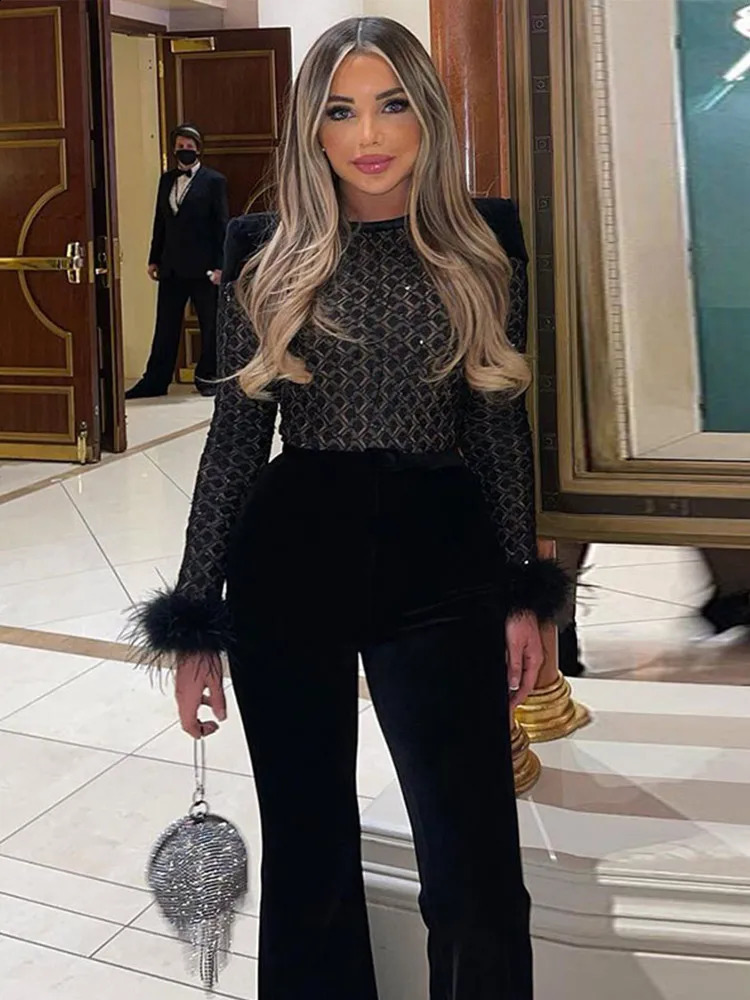 Christmas Sequins Velvet Feather Jumpsuit Women Patchwork Slim Long Sleeve Flare High Waist Jumpsuits Sexy Lady Party Romper 241224