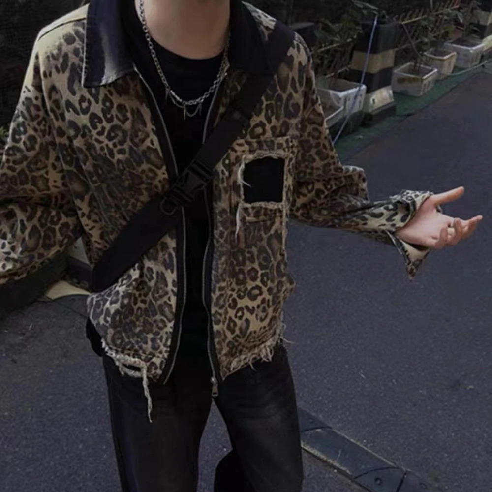 American Street Fashion High-End Raw Edge Contrast Leopard Print Y2k Jacket Autumn And Winter Niche Leisure Loose Hip-Hop Jacket 241224