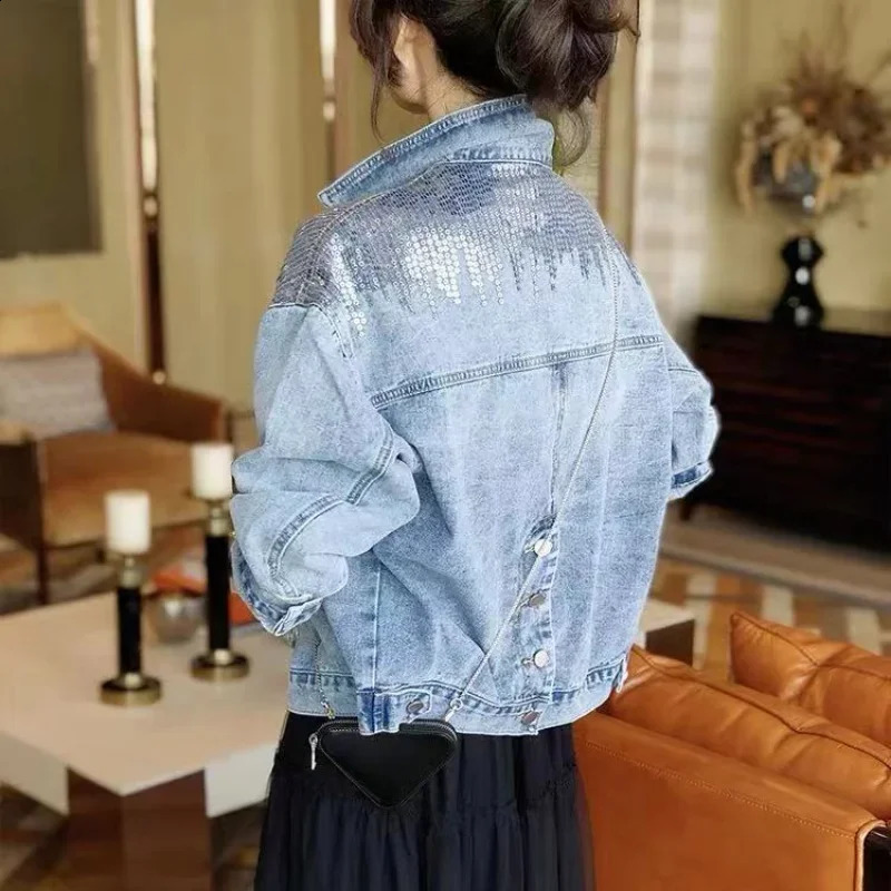 Diamonds Denim Jacket for Women Crop with Rhinestones Sequin Short Blue Plain Outerwear Spring Autumn Woman Jean Coat Small 241223