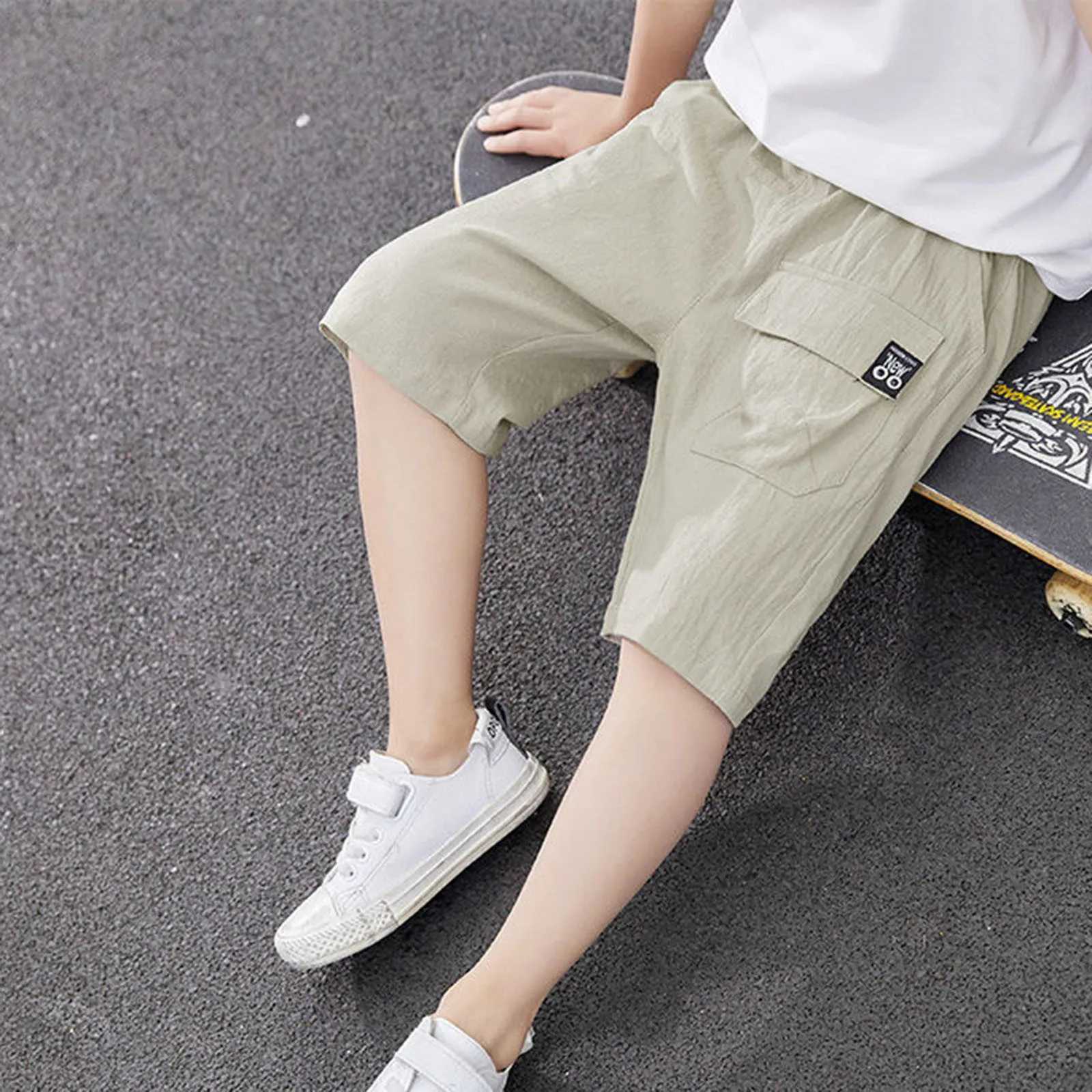 Children Boys Shorts Casual Solid Color Elastic Waist Boys Cargo Pants Summer Calf Length Kids Trousers Sport Pants Kids Clothing W241227