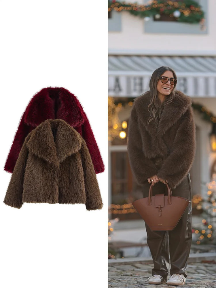 TRAF Womens Fashion Concealed Button n Loose Jacket Autumn and Winter Faux Fur Effect Short Coat Tops 241223