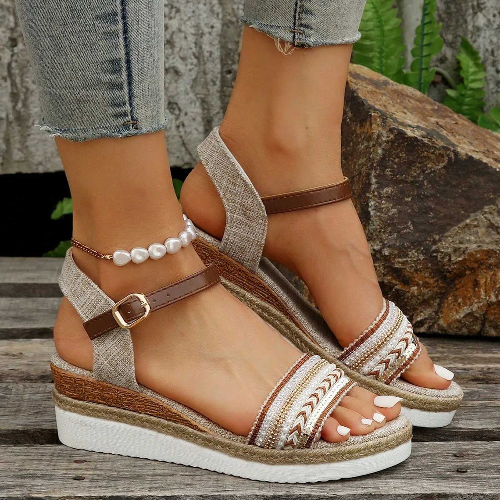 High Quality New Summer Womens Woven Round Head Slope Heel Thick Sole Roman Beach Casual Sandals shoes women trend T241227