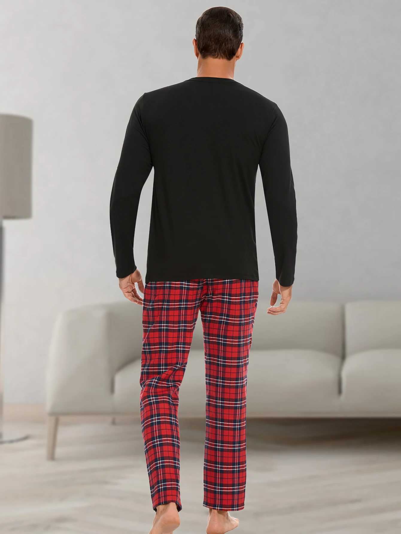 Mens homewear suit fashion leisure solid colour pyjamas plaid pyjama trousers home daily wear suitXJ241227
