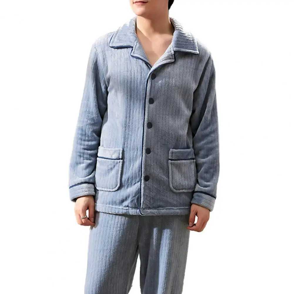 Loungewear Set Mens Winter Pajamas Set with Lapel Striped Top Elastic Waist Pants Thick Warm Soft Homewear with Pockets for MenXJ241227