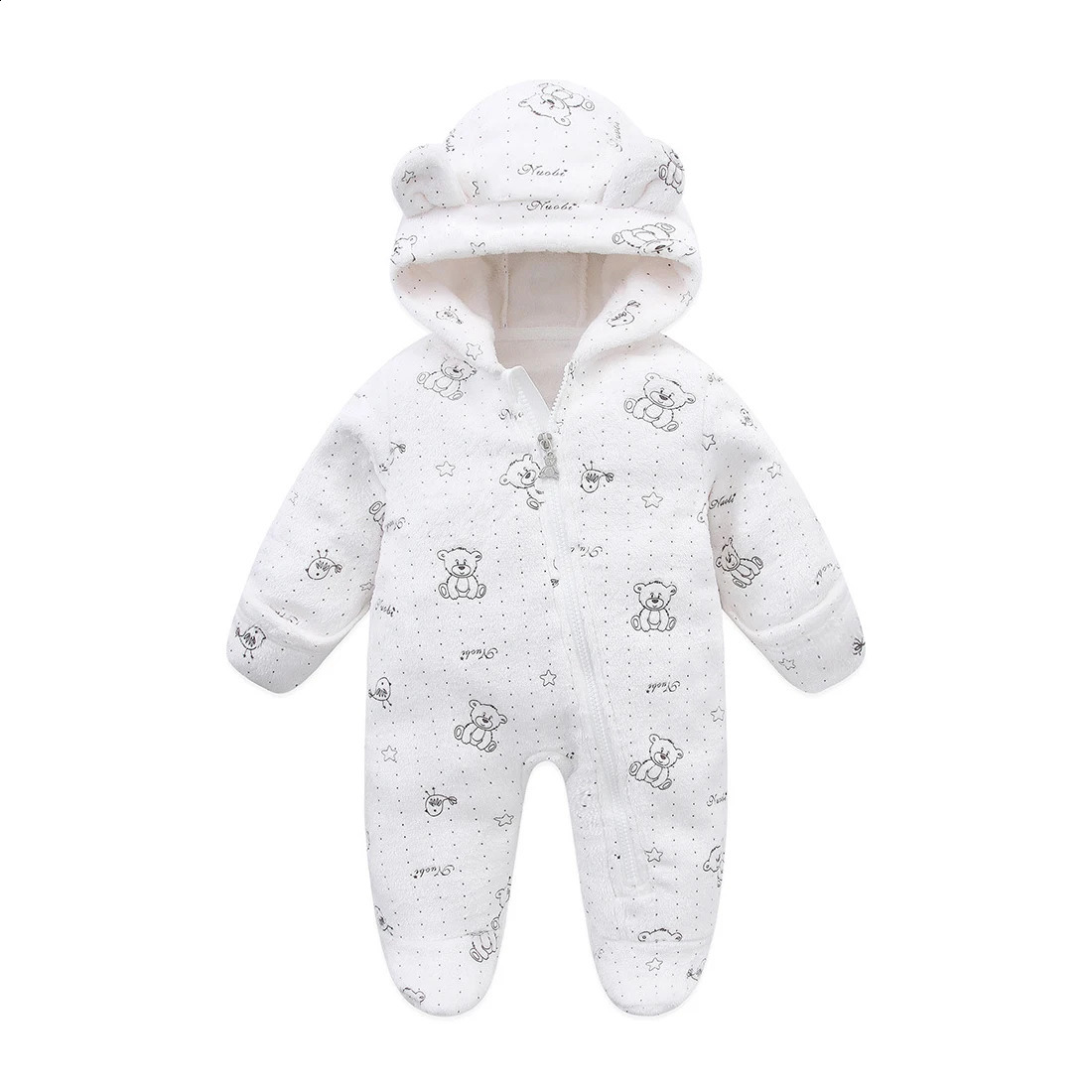 Autumn Toddler Clothing Female Baby Warm Hooded Romper Male Baby Cartoon Printing Jumpsuit 0-12 Months Baby Flannel Jumpsuit 241226