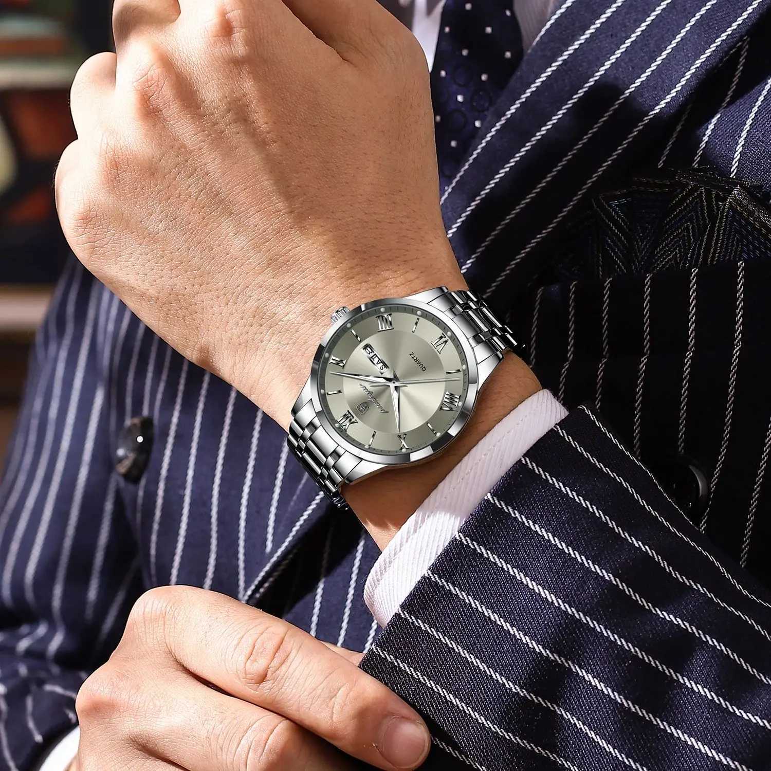 Poedagar Luxury Fashion Mens Watch Waterproof Luminous Week Date Sports Mens Watch Stainless Steel Mens Quartz Watch Reloj M241226