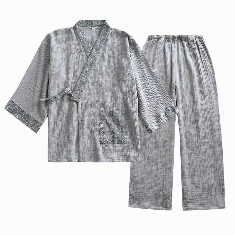 Pure Cotton Mens Pajamas Set Japanese Kimono Plus Size Long Sleeve Pant Suit Casual Comfortable Home Service Two-piece SleepwearXJ241227