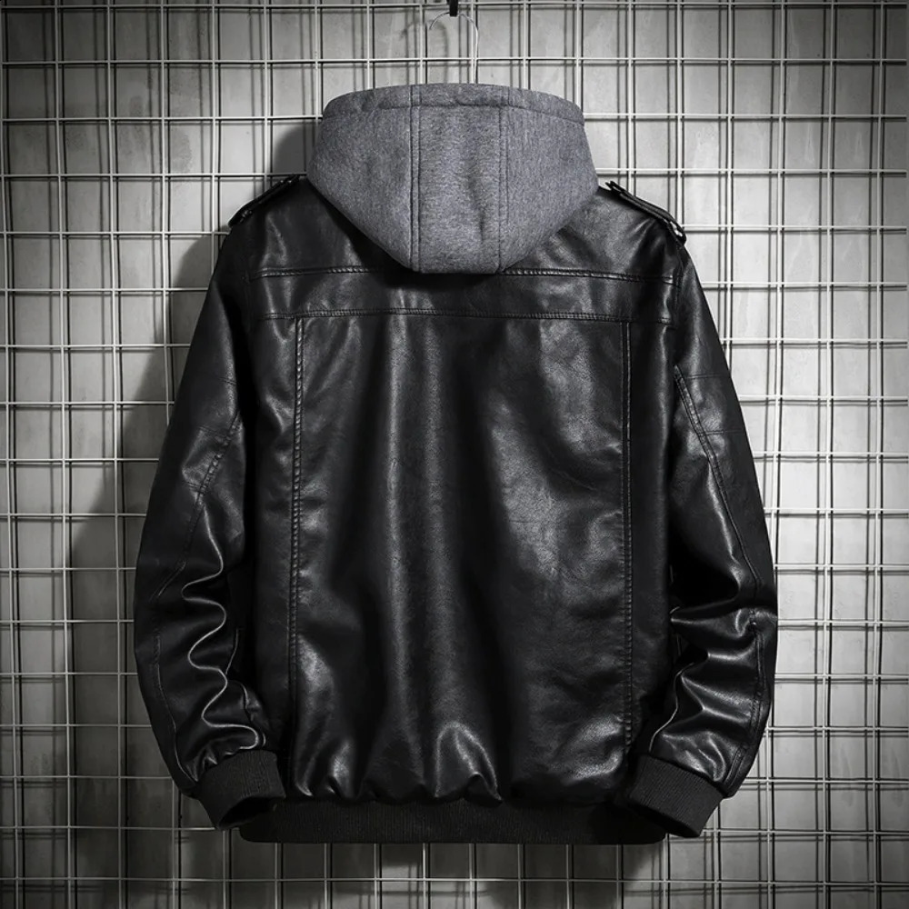 Hooded Leather Jacket Mens Winter PU Coat Teenage Jackets Motorcycle Harajuku 241227