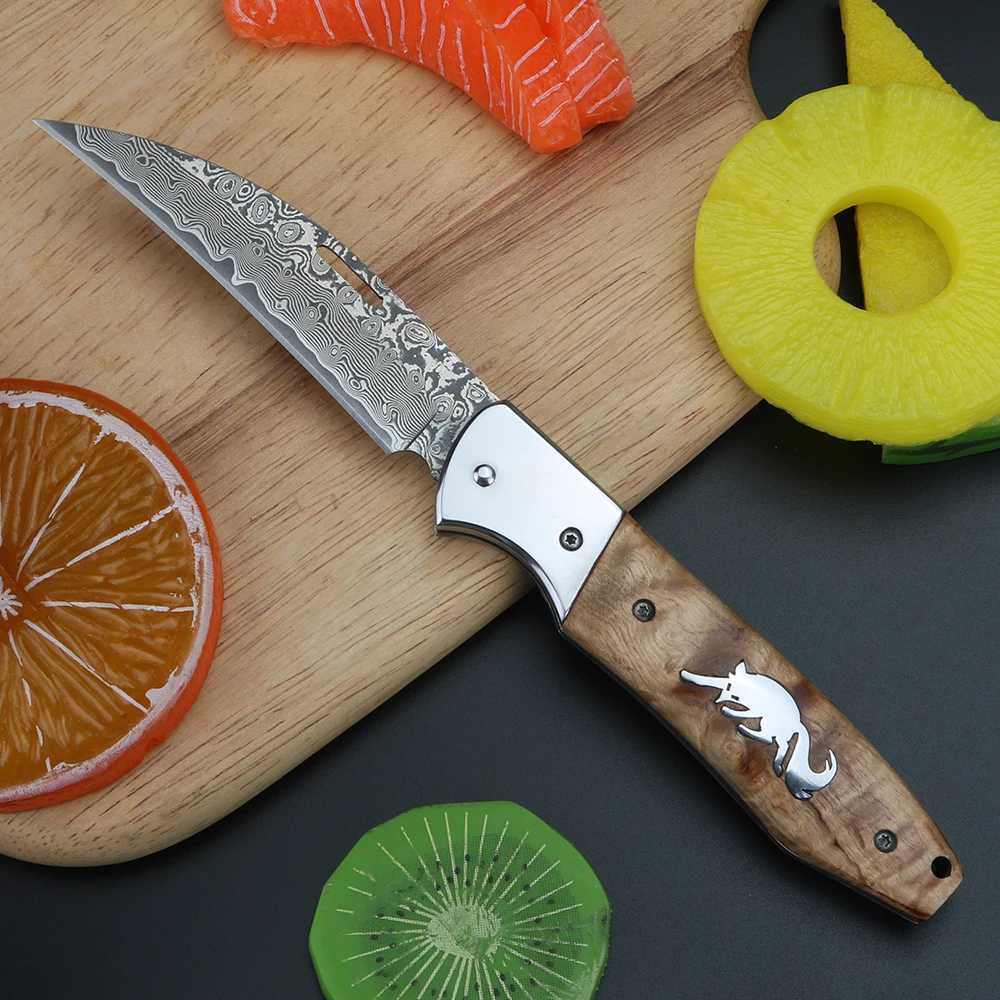 Xuanfeng Japanese handmade folding knife wooden handle small folding knife Damascus steel mtifunctional fruit knife Y241227