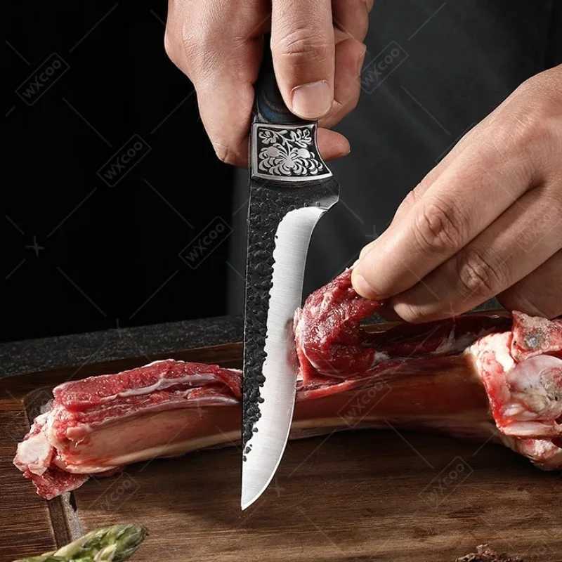 WXCOO Wooden Kitchen Knives Professional Chefs Knife Stainless Steel Forged Boning Knife Fruit Paring BBQ Meat Cleaver Scissors Y241227