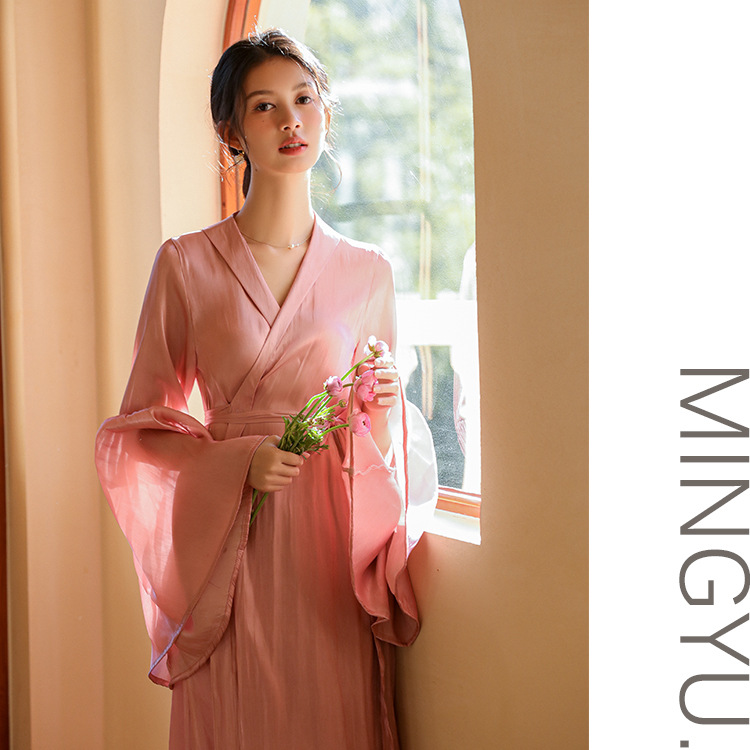 B601-Fairy style bridal morning gown high-grade imitation silk pajamas women summer new solid color ladies home nightgown