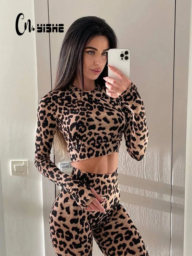 CNYISHE Leopard Printed Basic Casual Suits Sexy Club Women Sets Long Sleeve O Neck Sheath Fashion Female 2 PiecesTopsPants 241224