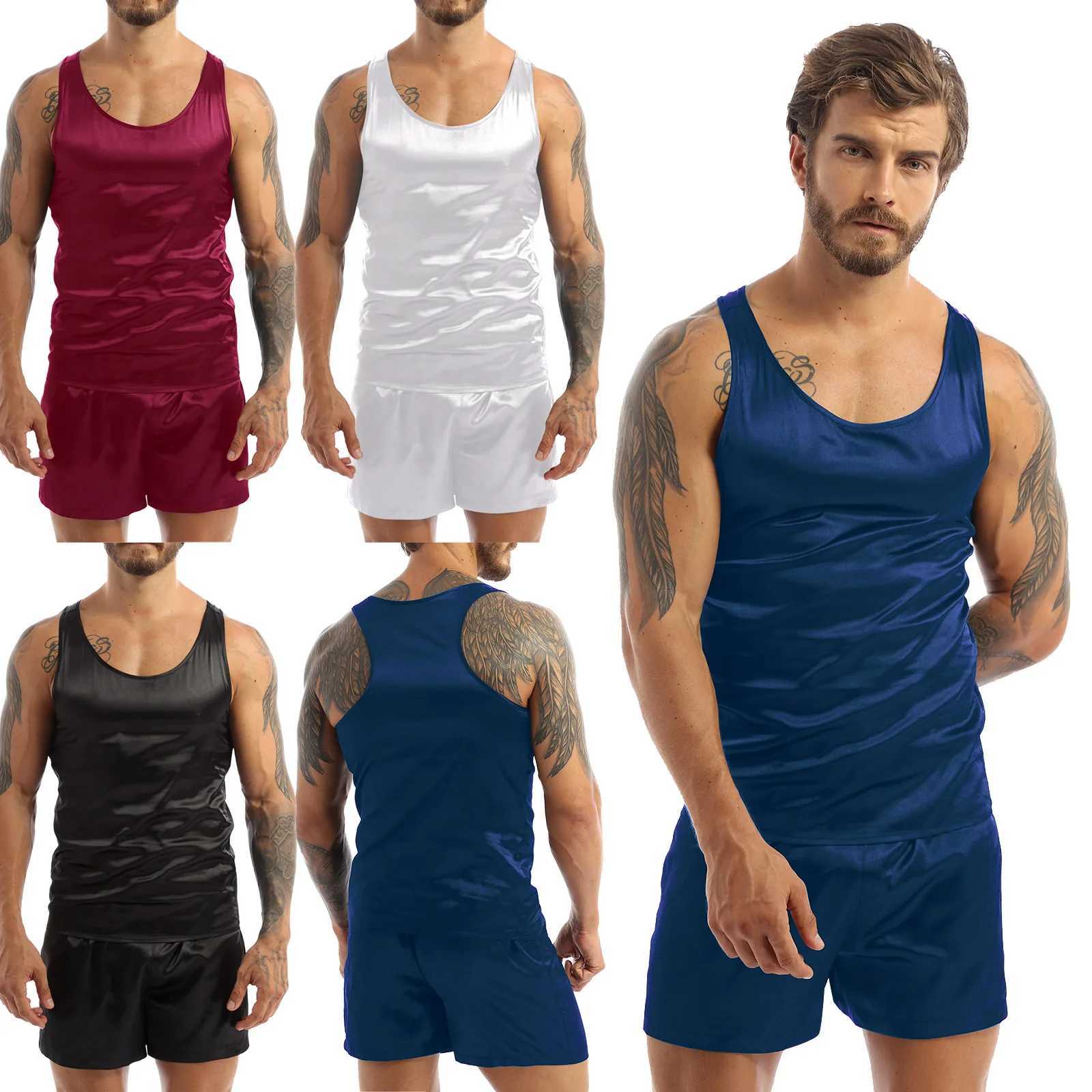 Men Satin Pajamas Set Sleeveless Tank Top Sleep Shorts Bottoms Summer Casual Sport Loungewear Sleepwear Nightwear Home ClothesXJ241227