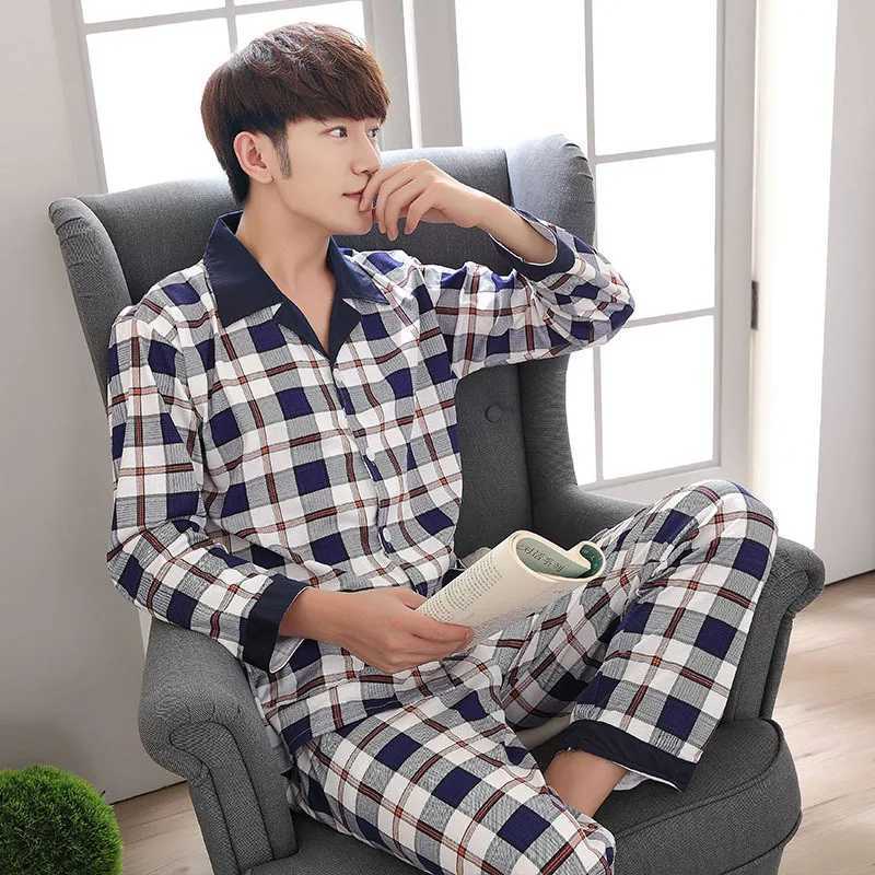 Large Size Warm Sleepwear for Winter Pajamas Mens Long-Sleeved Youth Home Wear 2PCS Set Cartoon Bear Plaid Simple LoungewearXJ241227