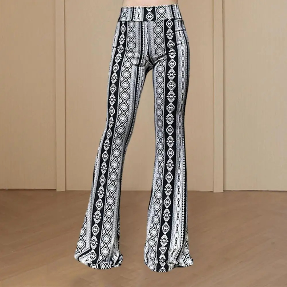 High Stretch Women Pants Soft Vintage 70s Leopard Print Flared Hem Long for Elastic Waist 250206