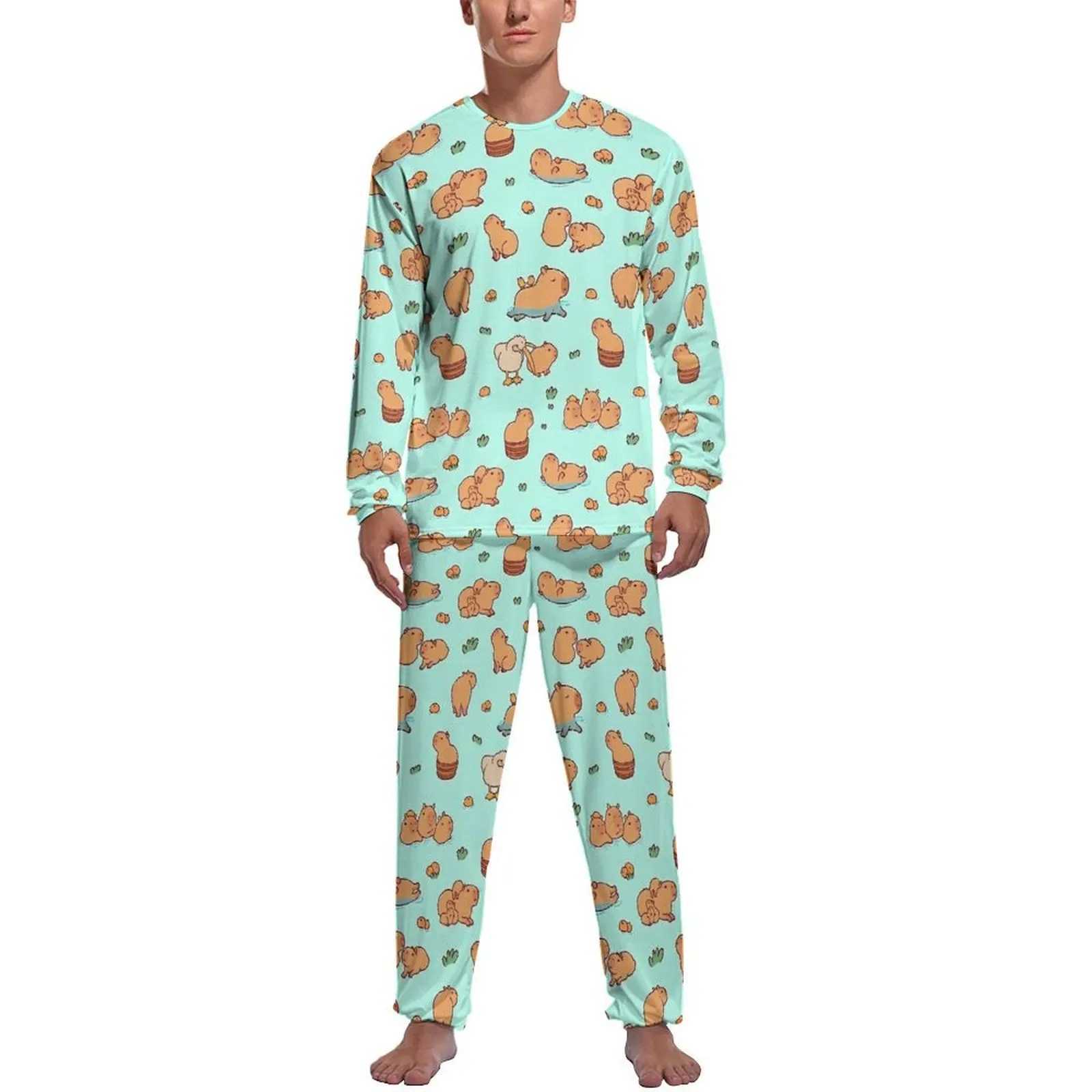 Cute Capybara Art Pajamas Animal Print Man Long Sleeve Elegant Pajama Sets 2 Pieces Aesthetic Spring Nightwear Birthday GiftXJ241227