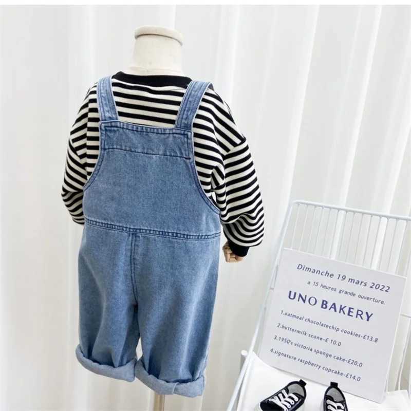 2024 Childrens Fashion Casual Backpack Trouser Boys Autumn Loose Pocket Jeans Spring New Girls Simple Solid Color Pants W241227