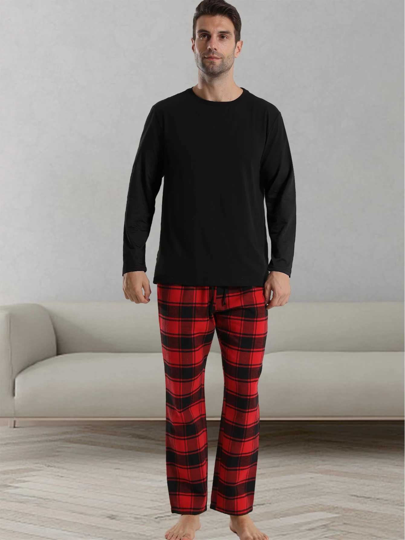 MenS Plaid Pajamas Set Autumn Wintercomfortable Flannel Long-Sleeved Top And Trousers Set Of Homewear Pajamas SetXJ241227