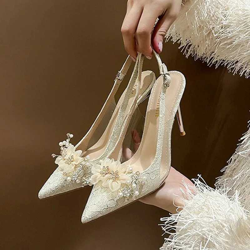 French Bride Gold Wedding Shoes Thin Heel Pointed Shallow Mouth Flower Rhinodrill High H Bao Fi Wen Sandals Z241227