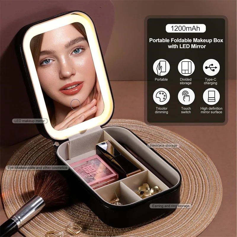 Makeup Tools Storage Case with LED Mirror Small Makeup Bag with Lighted Mirror 3 Colors Adjustable Makeup Mirror Storage Box 241223