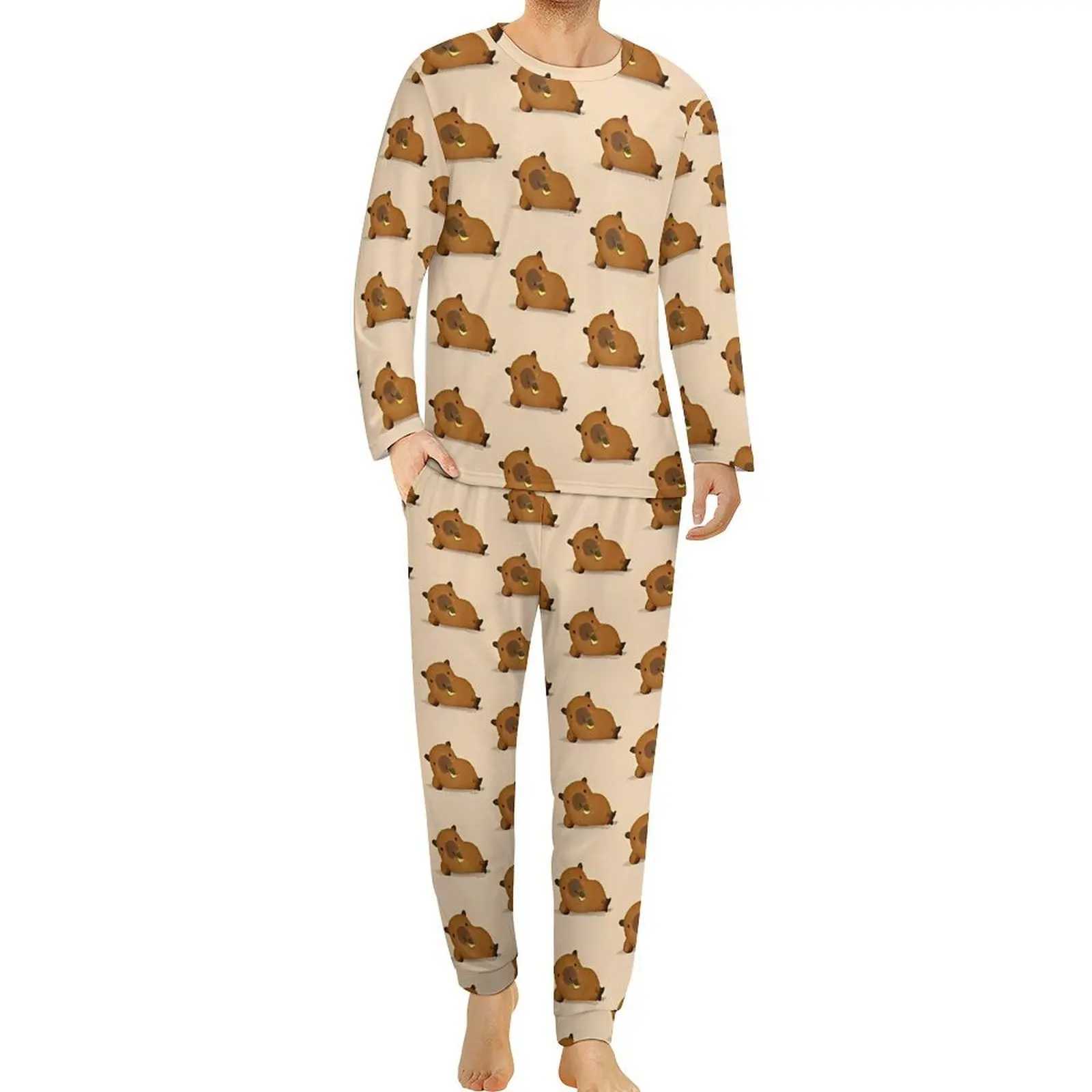 Capybara Drinking Juice Pajamas Spring 2 Piece Cute Animal Cool Pajama Sets Man Long-Sleeve Aesthetic Custom Nightwear 4XL 5XLXJ241227