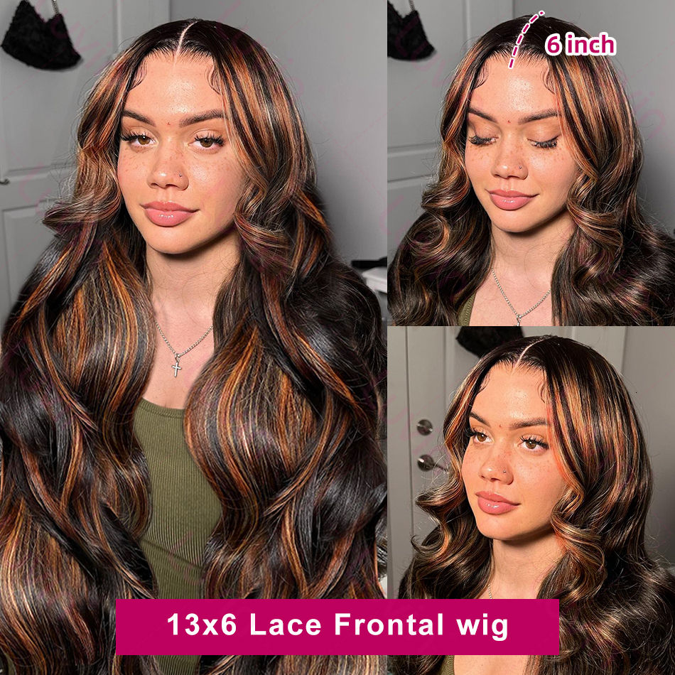 Luvin Ombre Highlight 13X4 Front Wig Human Hair 1B/30 Black Brown Body Wave Wigs Transparent Lace Brazilian For Women