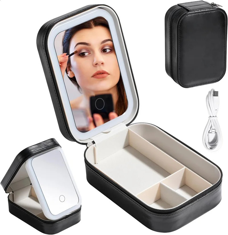 Makeup Tools Storage Case with LED Mirror Small Makeup Bag with Lighted Mirror 3 Colors Adjustable Makeup Mirror Storage Box 241223